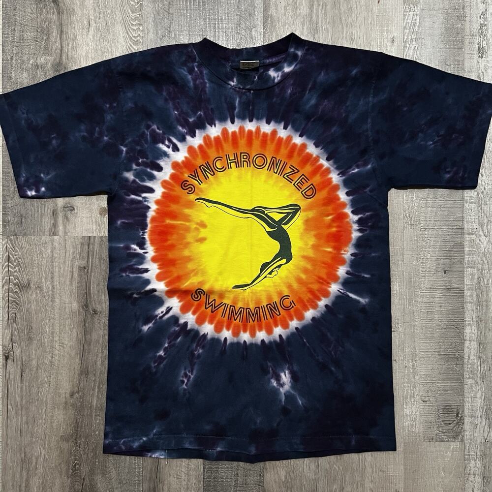 VTG Synchronized Swimming T Shirt 90s Sun Dog Multicolor Tie Dye T Shirt Size L